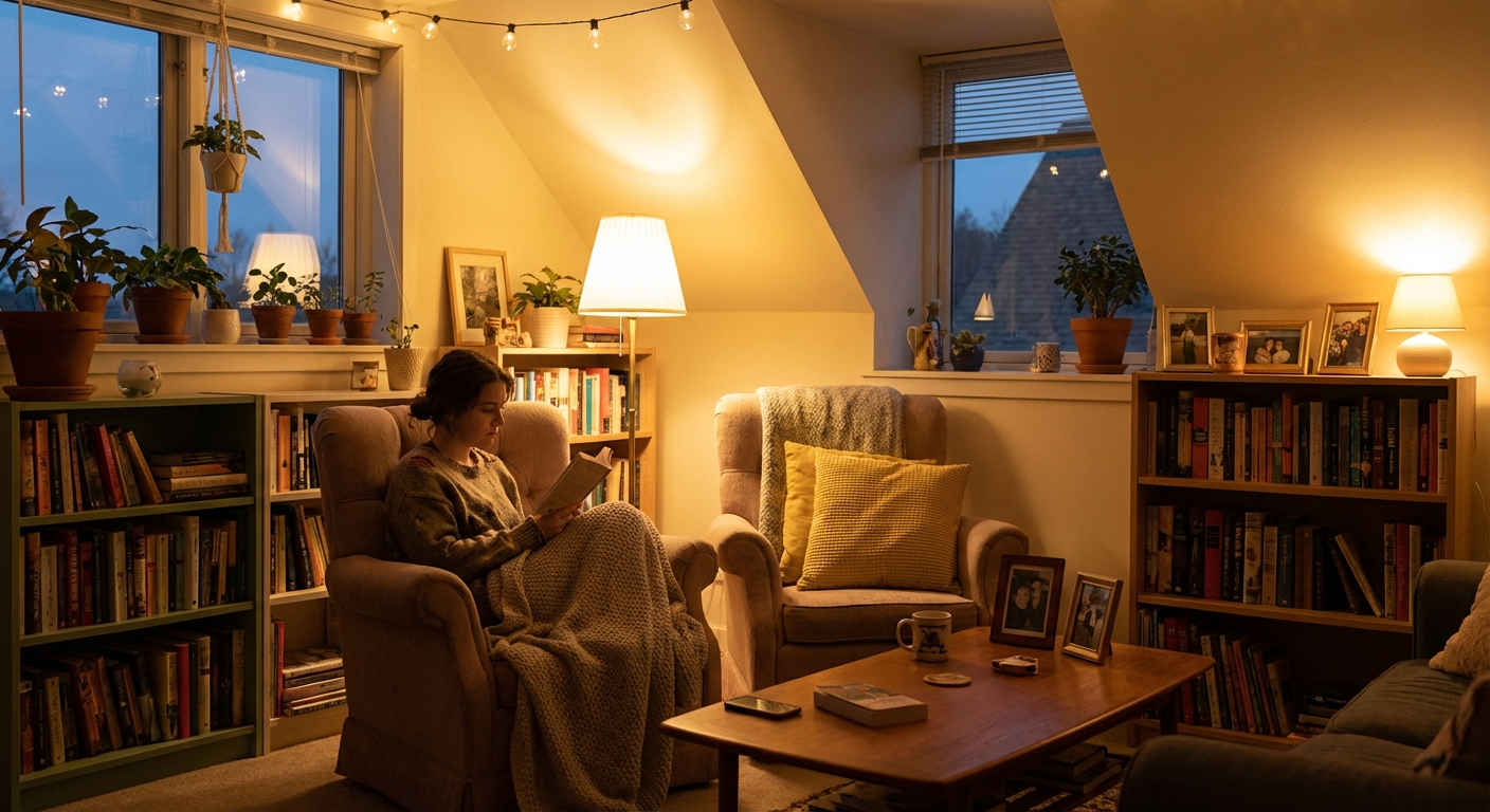 Cozy apartment living room with warm lighting, comfortable furniture, and personal touches