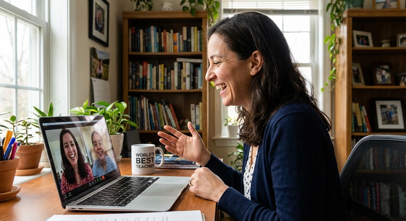 Person teaching or tutoring online, engaged and energized by the interaction