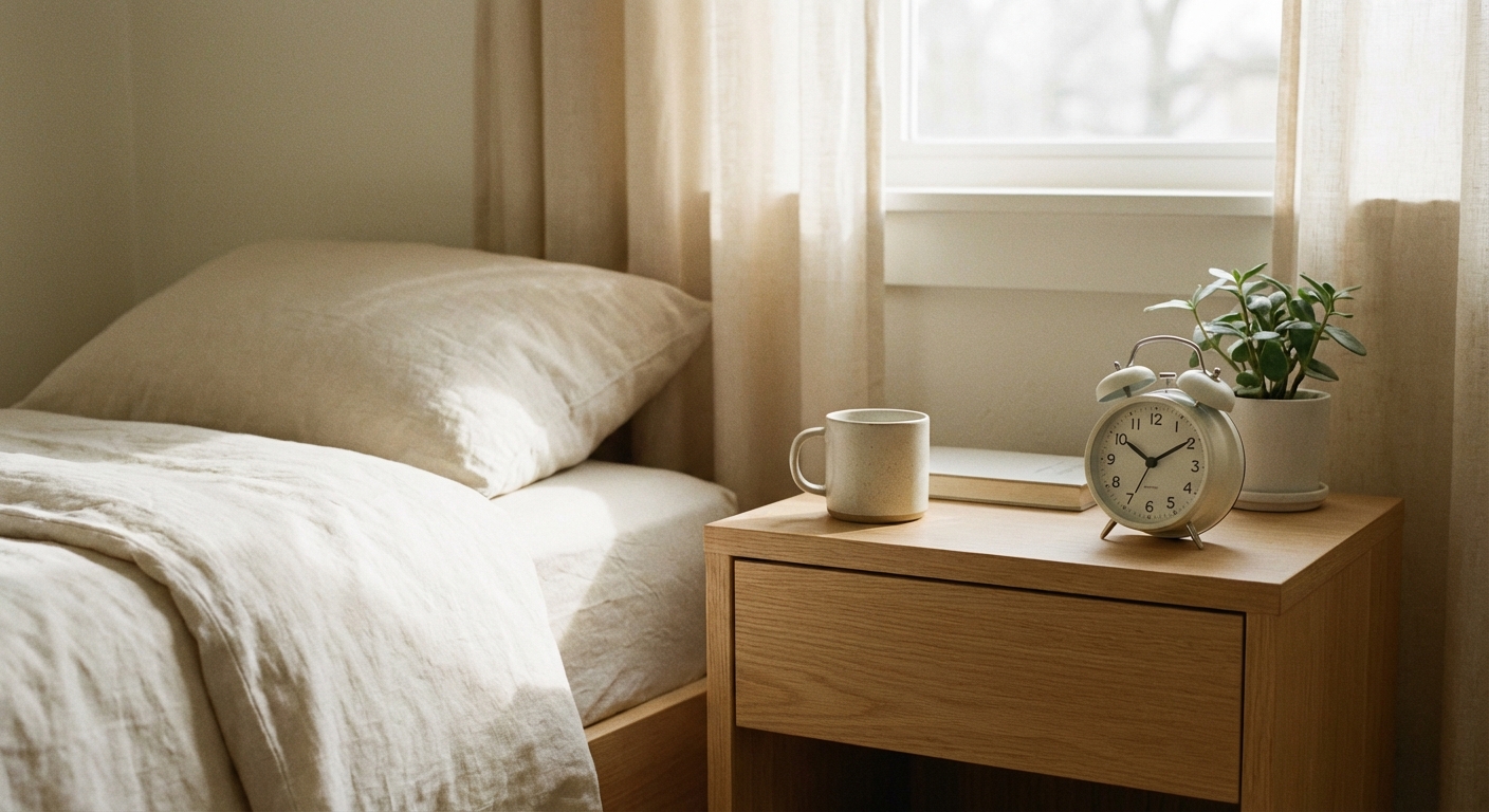 A simple analog alarm clock on a bedside table in a calm bedroom