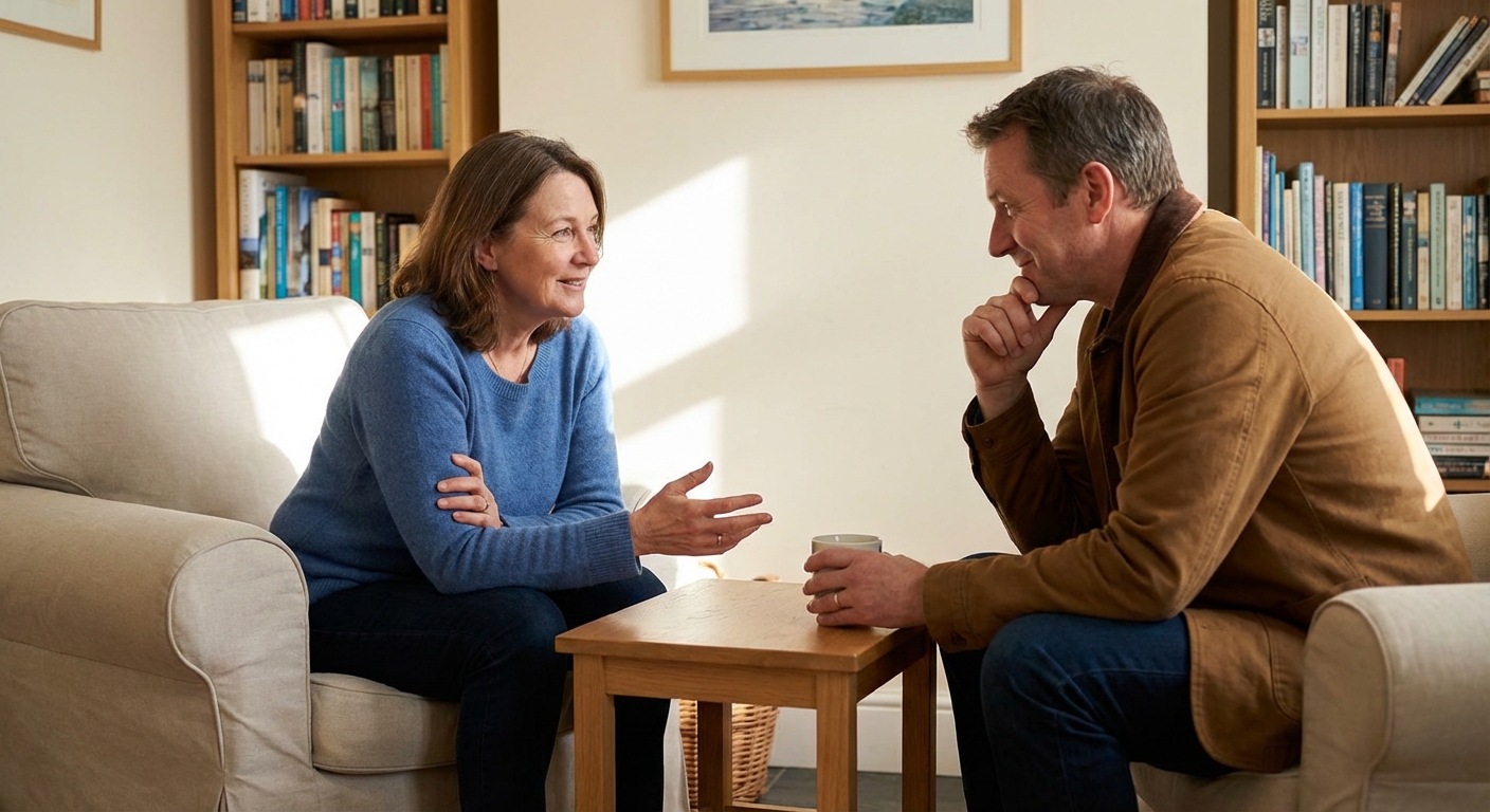 Two people in conversation, one with calm open posture indicating healthy boundary-setting