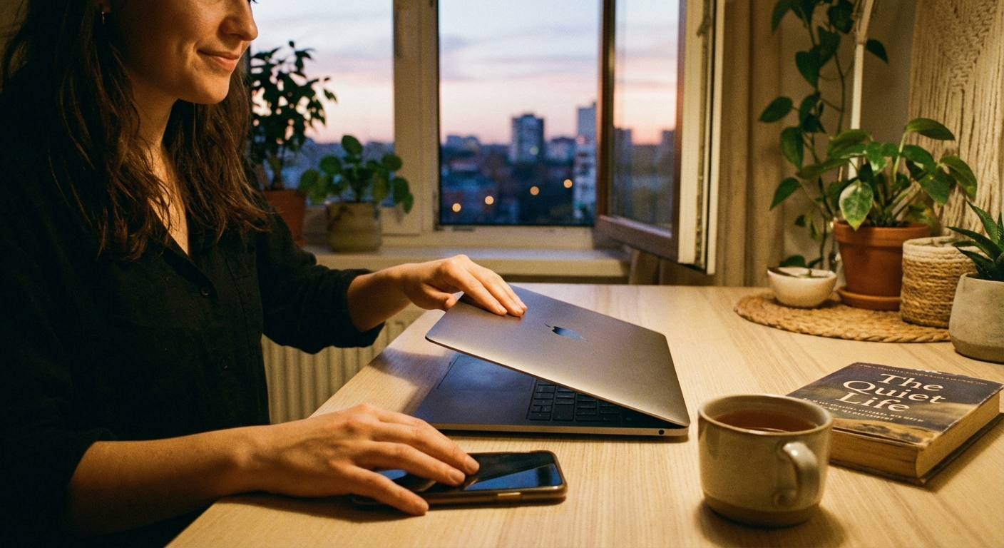 Person at desk with phone turned face down, laptop closed, creating clear work-life separation