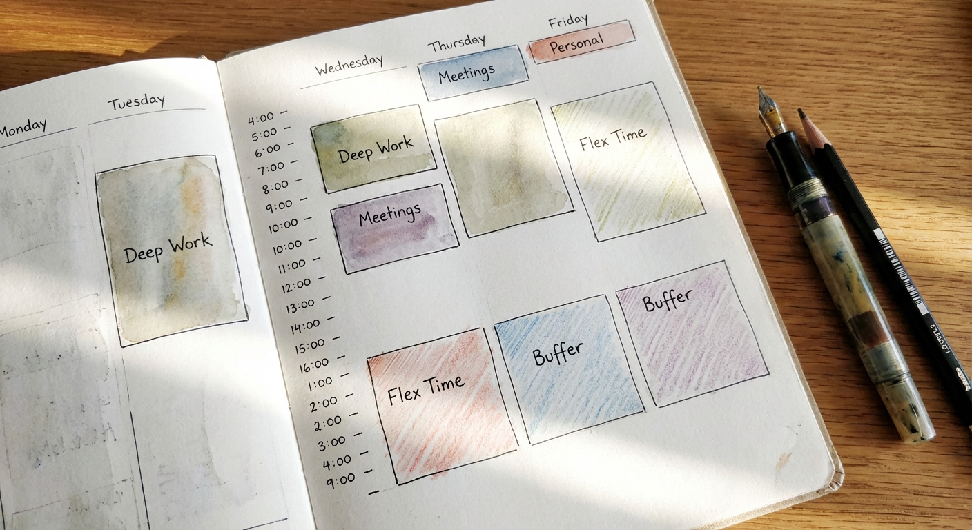 Weekly planner showing mix of blocked time with intentional white space between blocks