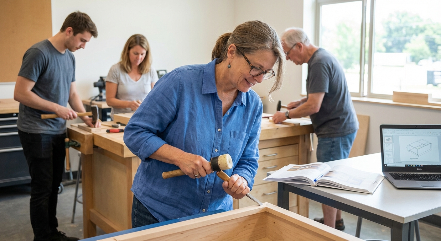 Person in their 50s learning new skills, perhaps at a computer or in a workshop