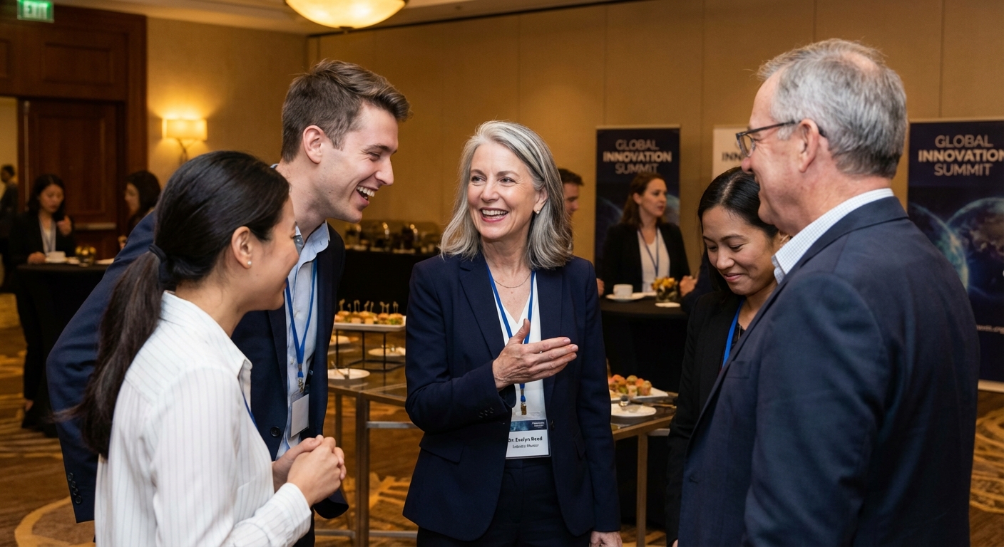 Professional networking event showing older workers confidently engaging with colleagues