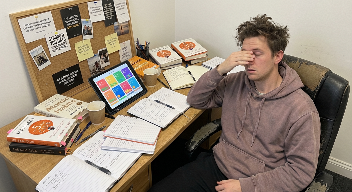 Stack of self-help books next to a stressed person surrounded by habit trackers and journals