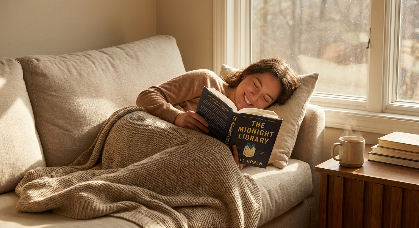 Person relaxed on a couch reading a book for pleasure, not self-improvement