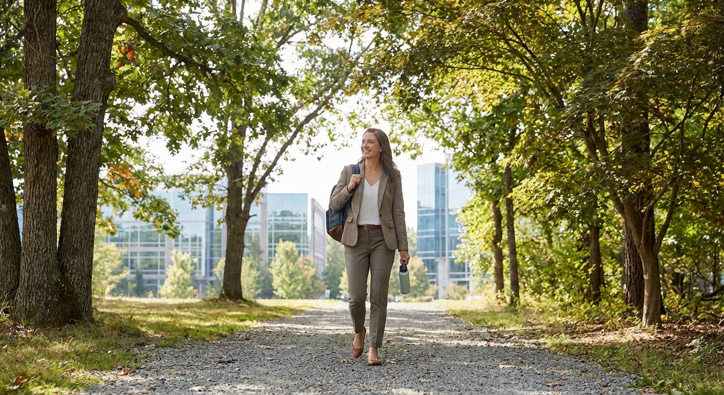 Person taking a short walk outside during a work break, surrounded by greenery