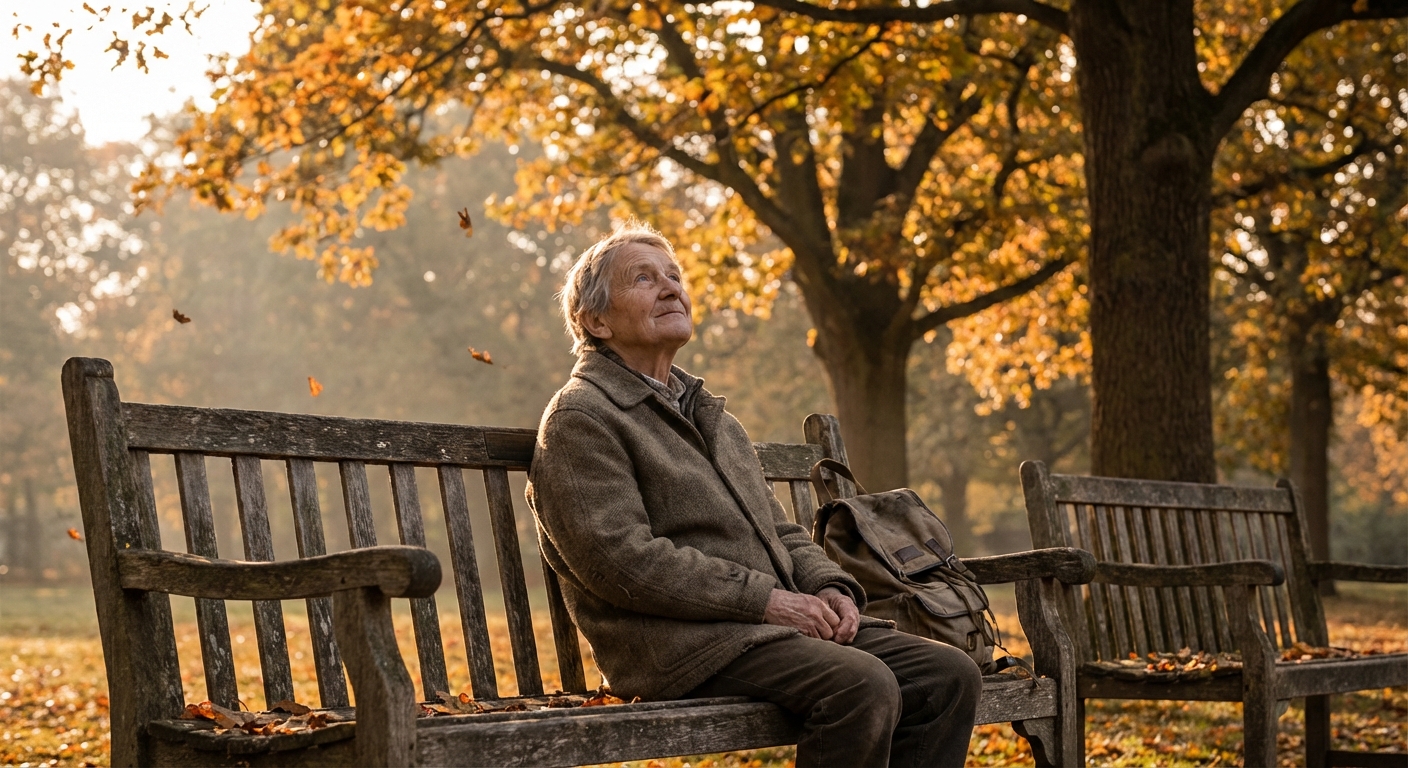 Person sitting quietly on a park bench surrounded by trees, watching leaves fall