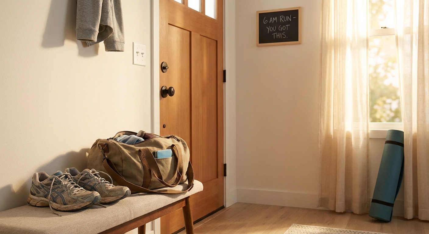 Running shoes placed by door with gym bag ready, making exercise obvious