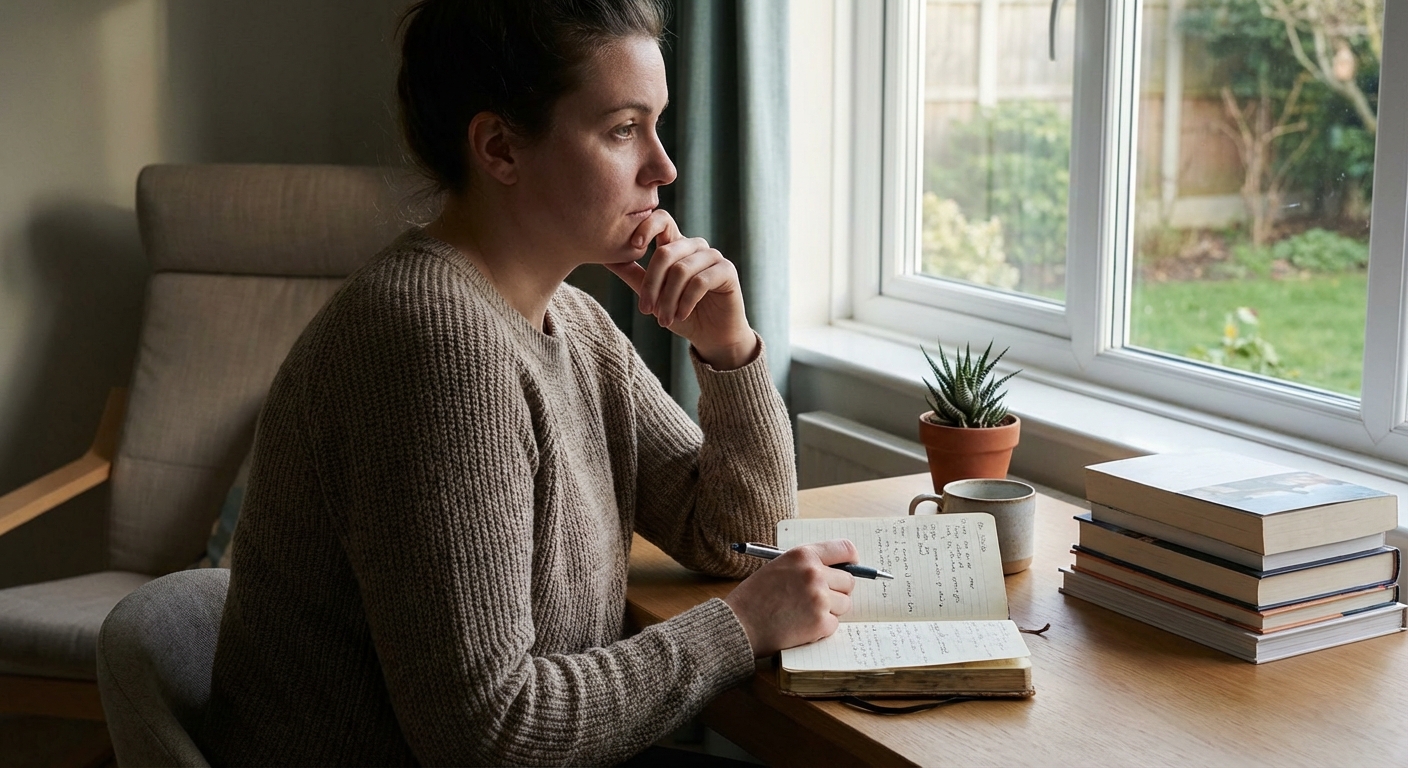 Person reviewing a simple weekly reflection journal at a calm desk