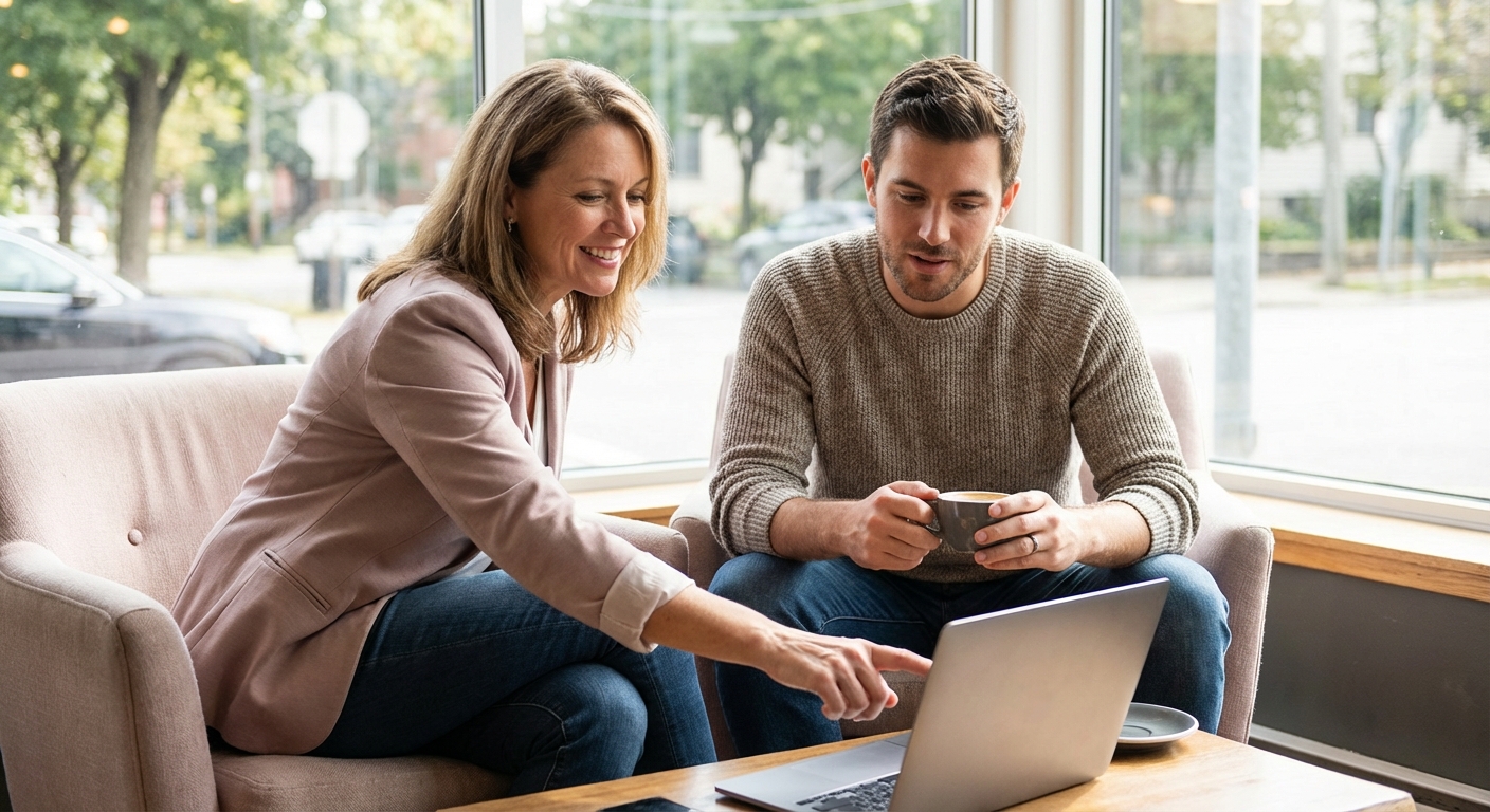 Professional mentoring a colleague with documents and laptop on table