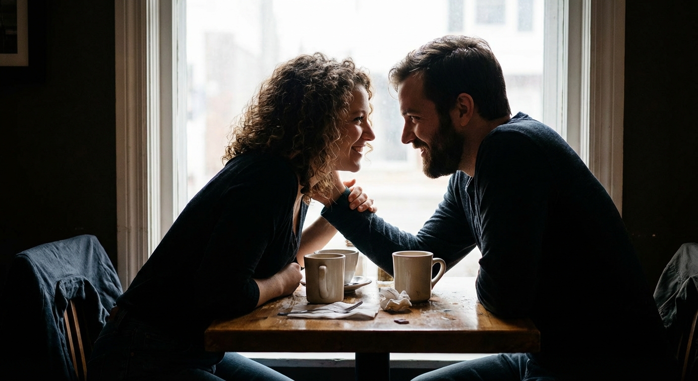 Two people in deep, meaningful conversation over coffee in warm natural light