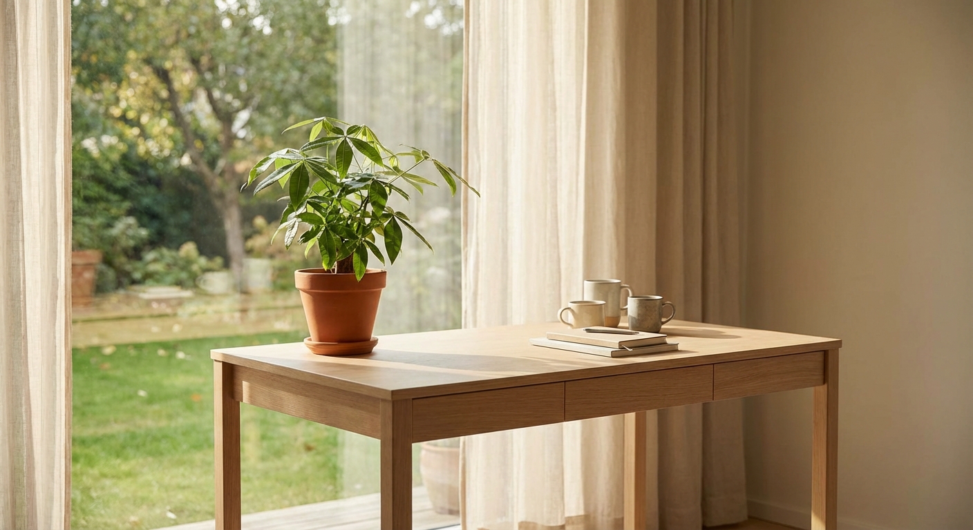 Empty desk with a plant near a window, symbolizing space created by leaving