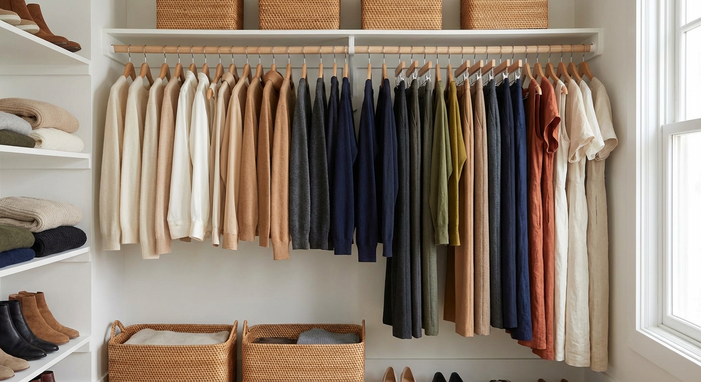 Capsule wardrobe in an organized closet with minimal high-quality clothing items
