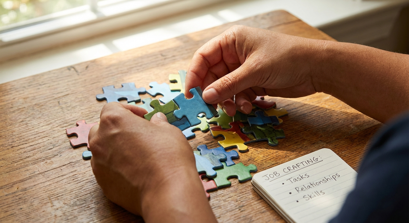Hands arranging puzzle pieces on a wooden table, symbolizing job crafting