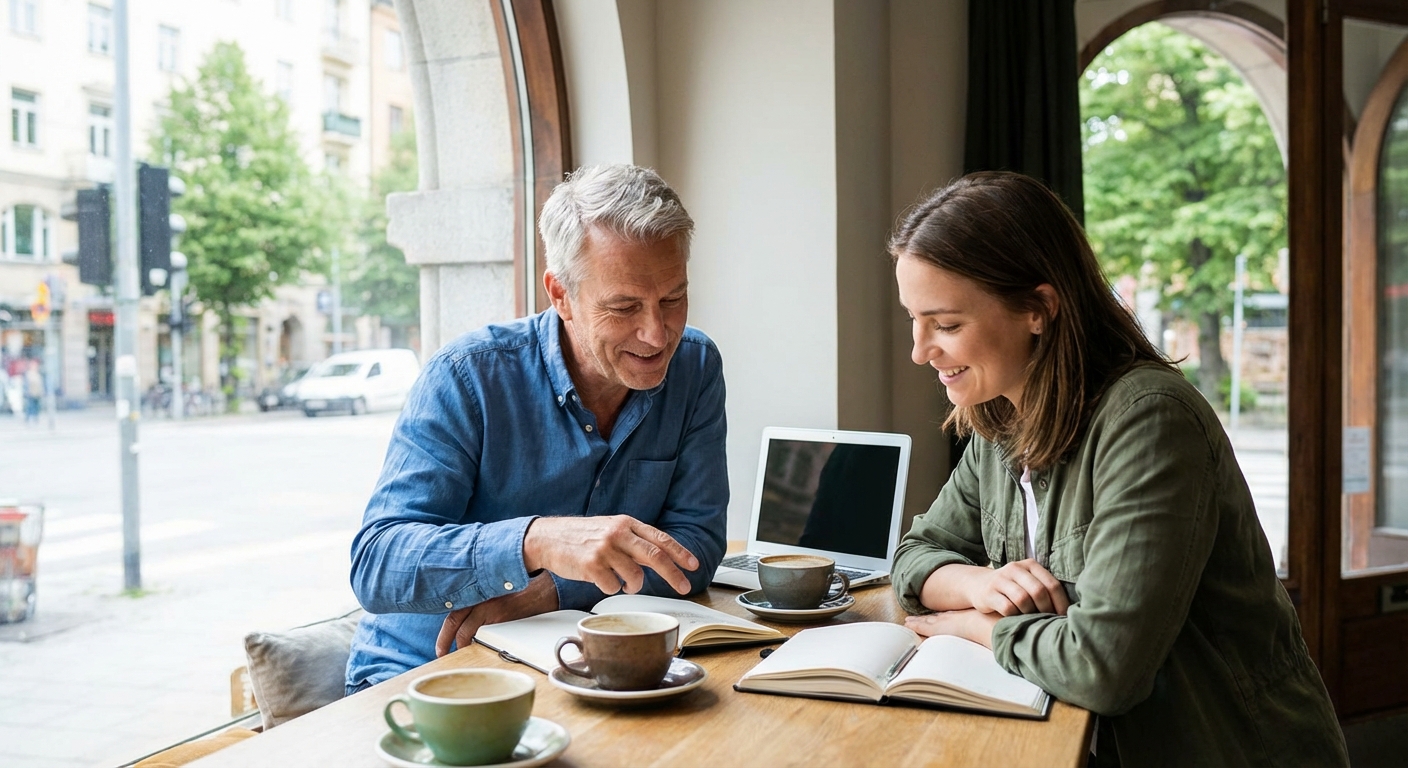 Person having a genuine conversation with mentor in a bright cafe setting