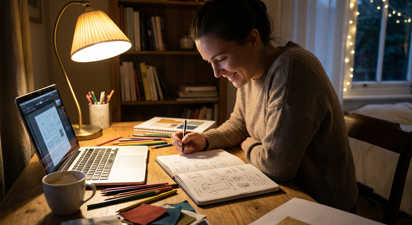 Person exploring a side project at home desk in the evening, looking engaged and curious