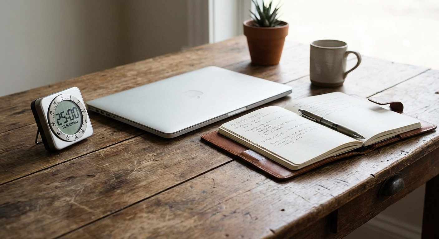 Timer on desk next to closed laptop showing a time-boxed work session