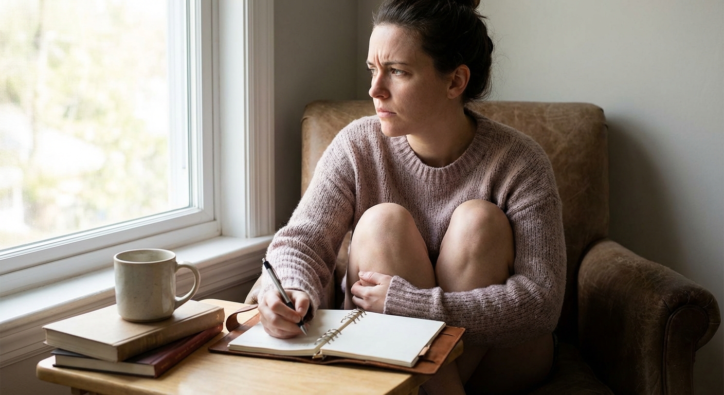 Person sitting alone by window, contemplative expression, journal nearby