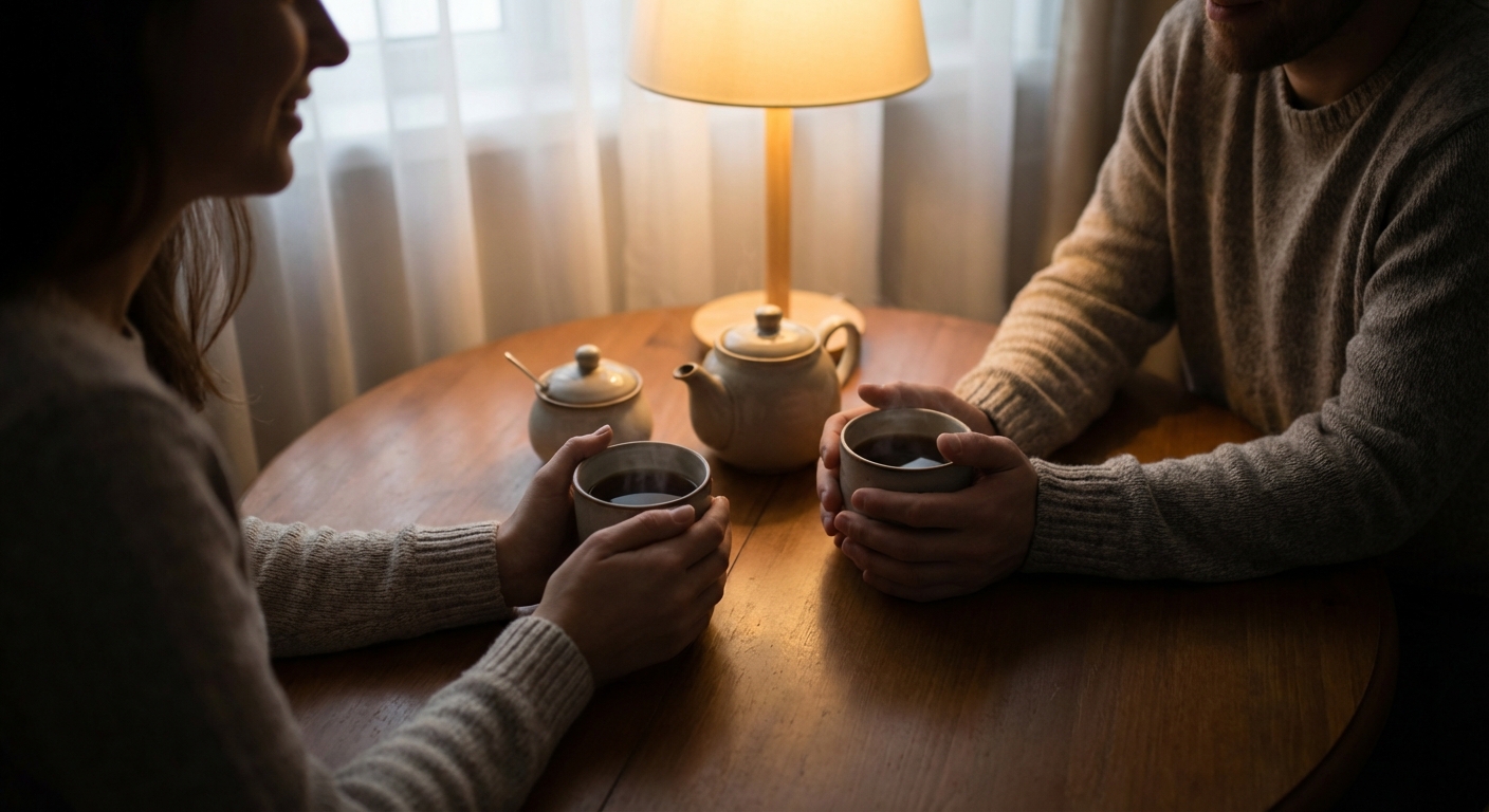 Two cups of tea or coffee on a table between two people, suggesting conversation and connection