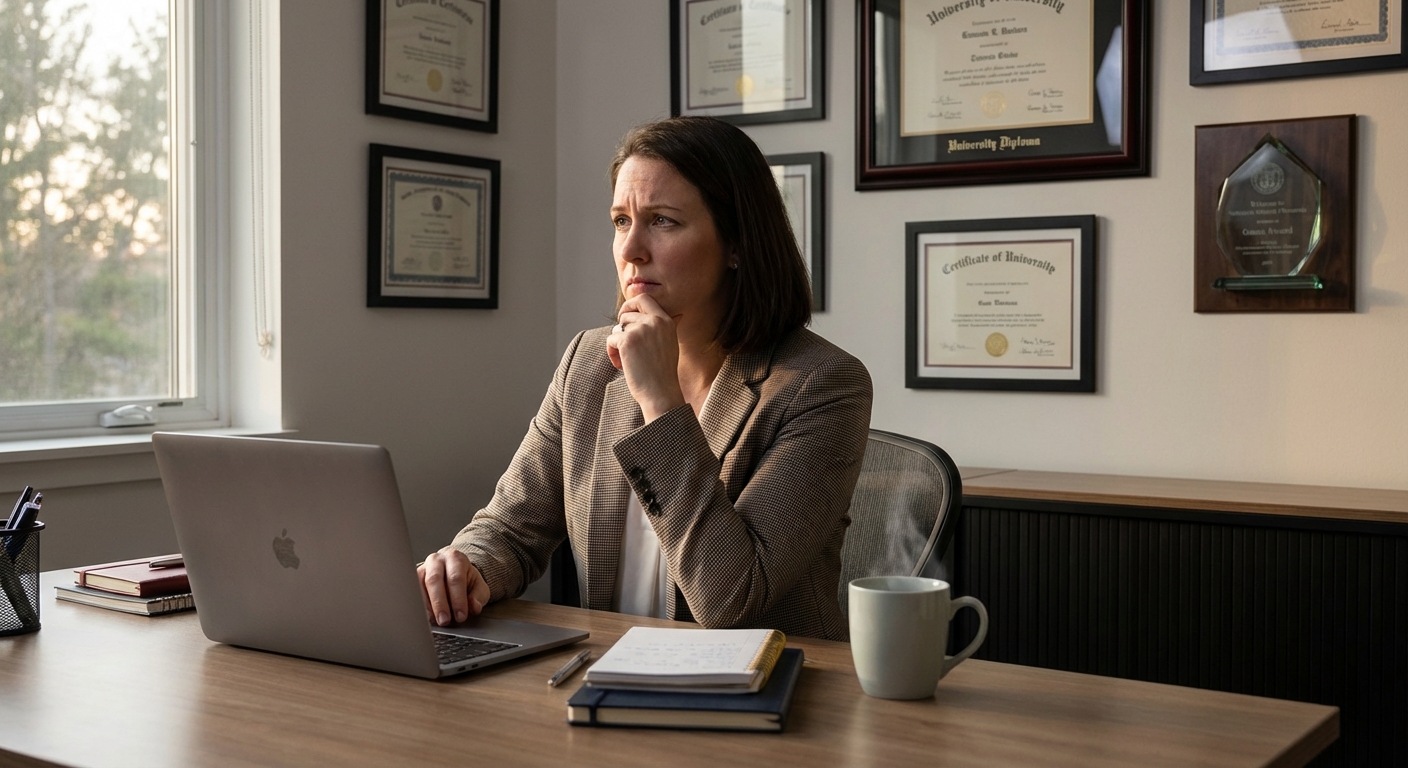 Person at desk with accomplishment certificates on wall behind them, looking uncertain despite evidence of success