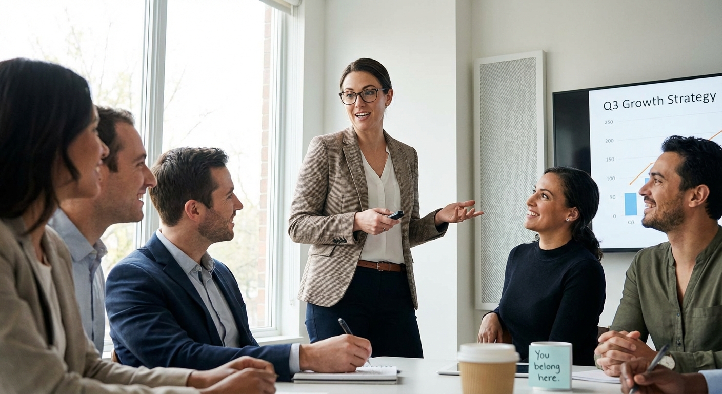 Person confidently presenting to a small group, embodying competence despite internal doubt