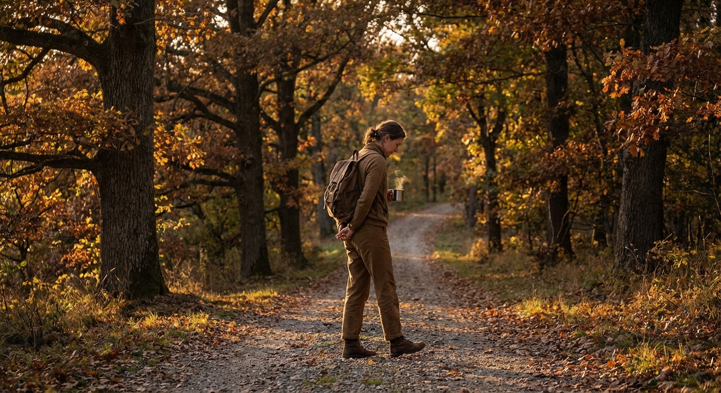Person enjoying a peaceful walk on a tree-lined path during golden hour