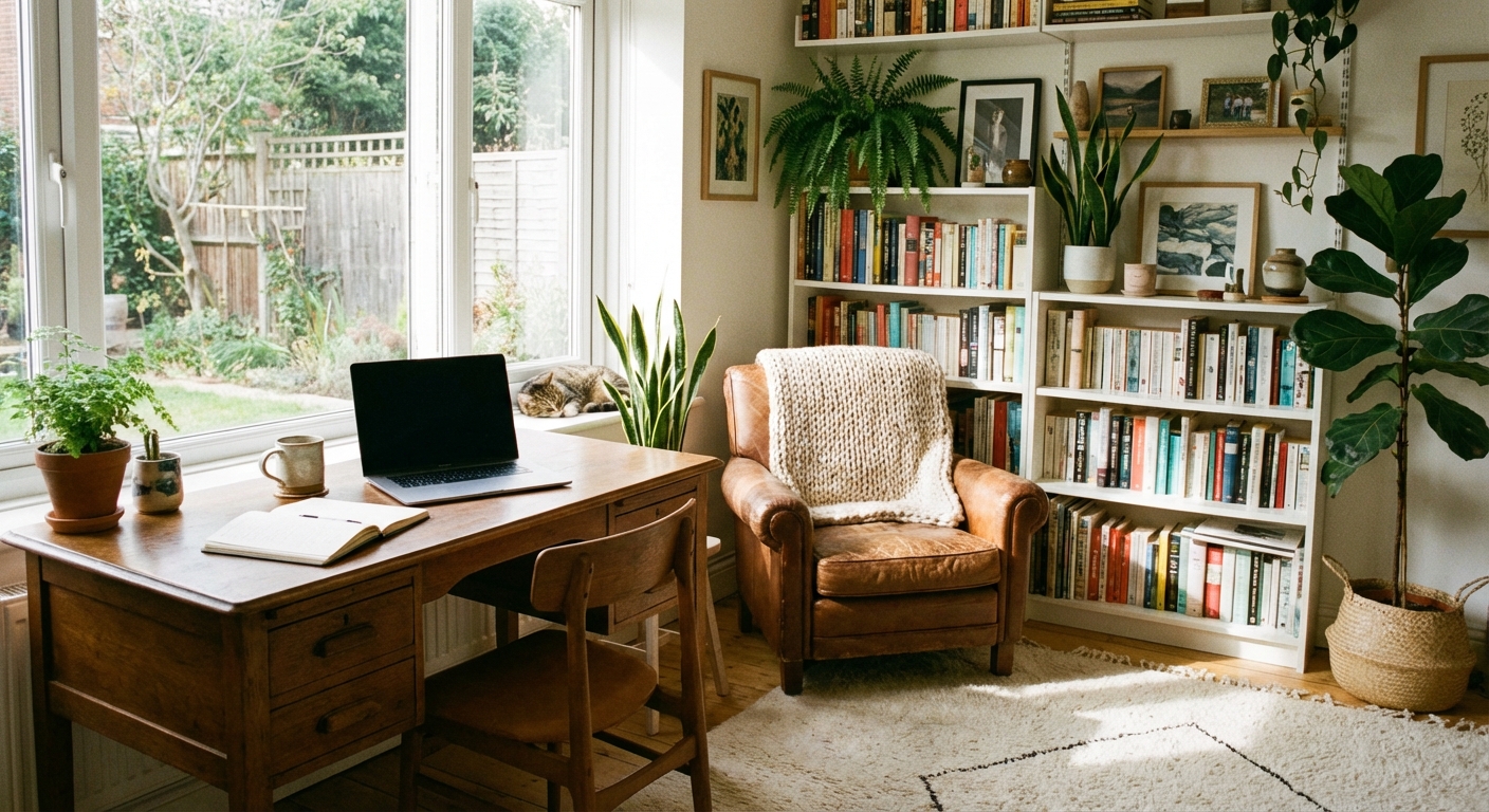 Cozy home workspace with plants, natural light, and intentional organization