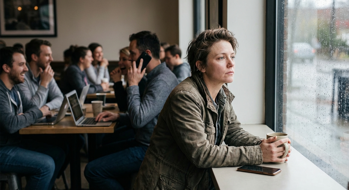 Person looking contemplative in a busy coffee shop surrounded by strangers