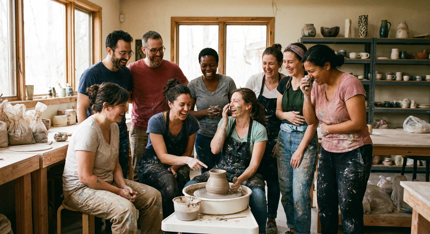 Adults laughing together during a group fitness or activity class