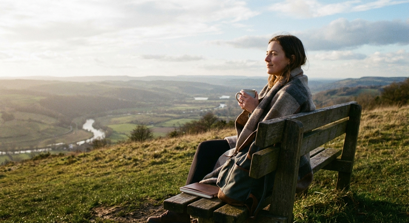 Person in peaceful contemplation embracing unknown future