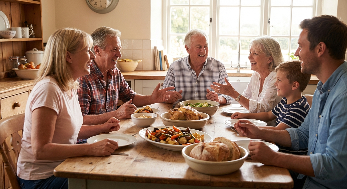 Family or friends sharing unhurried meal together at table