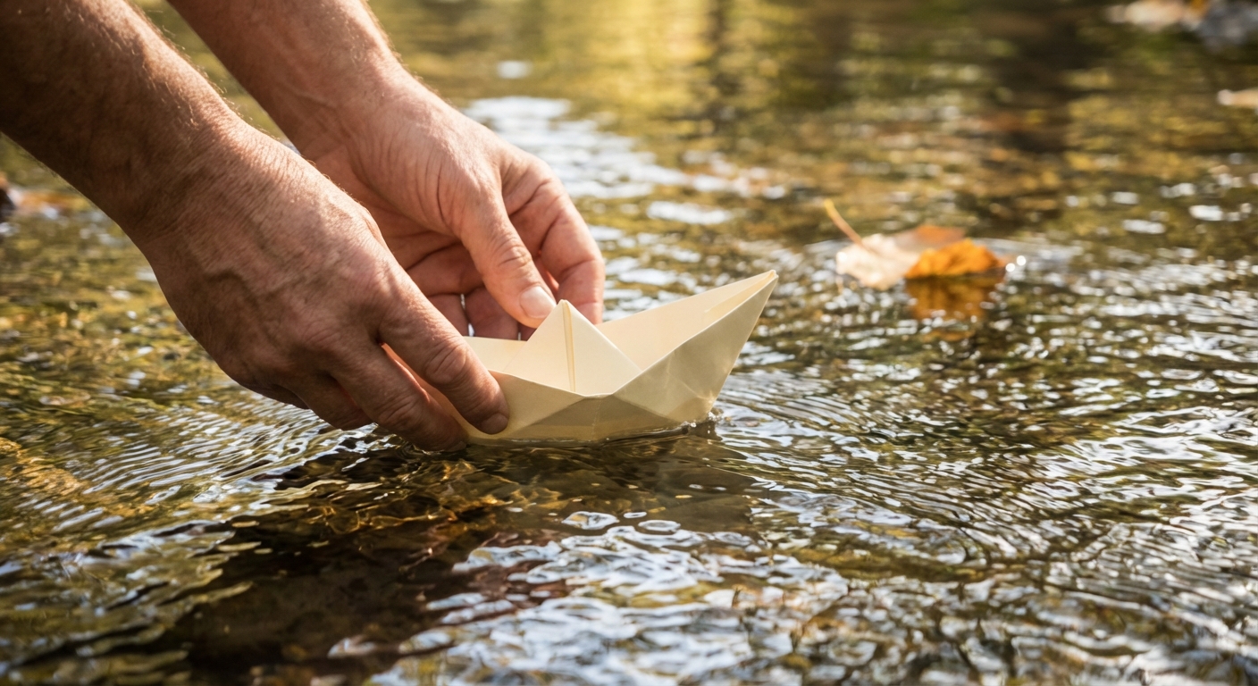 Hands releasing a paper boat into flowing water symbolizing letting go and new beginnings