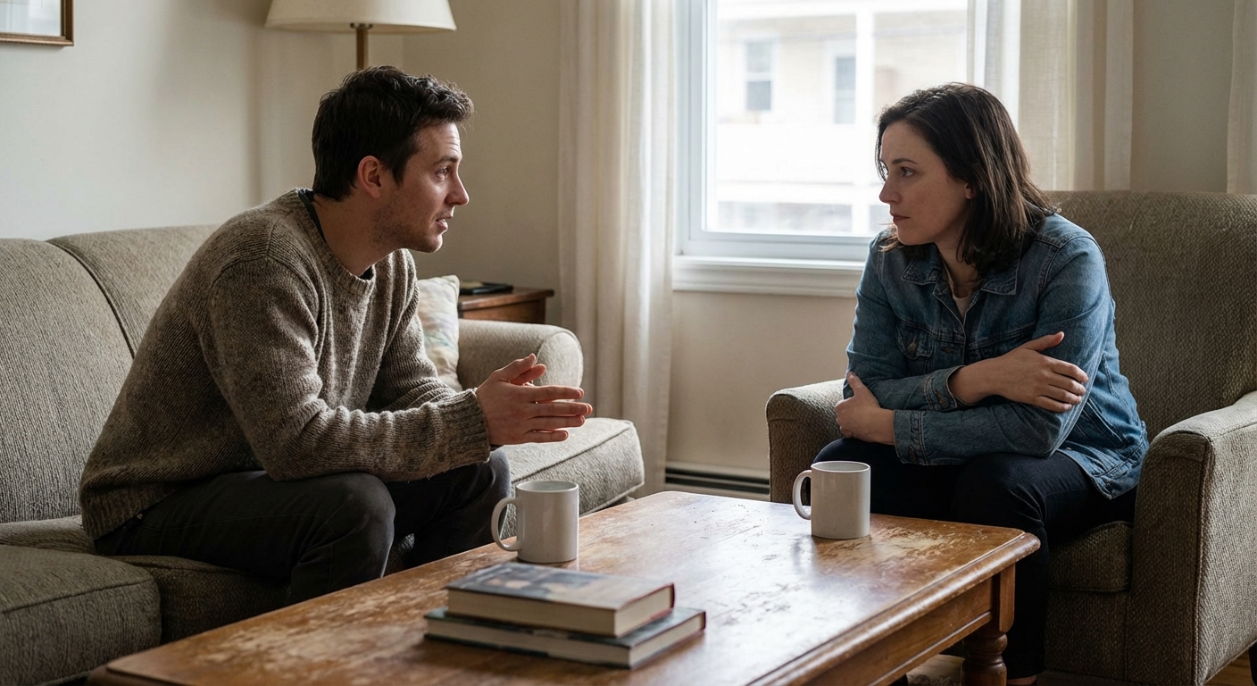 One person genuinely apologizing with vulnerable body language