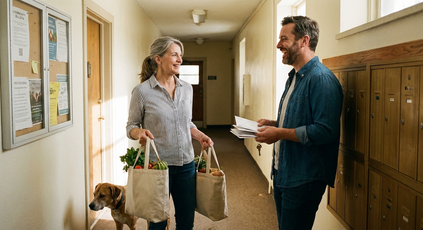 Neighbors exchanging friendly greeting in building hallway