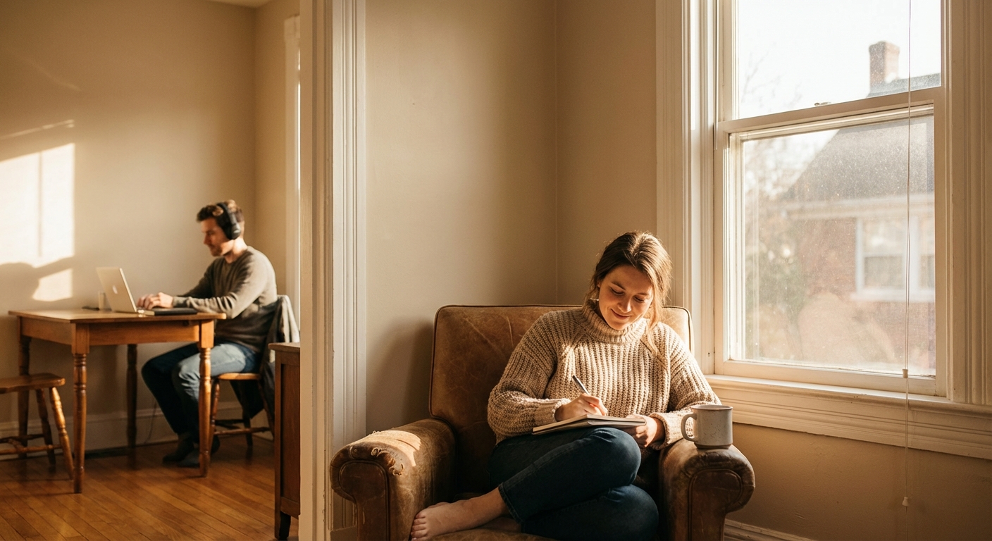 Person enjoying meaningful solitude while partner is nearby