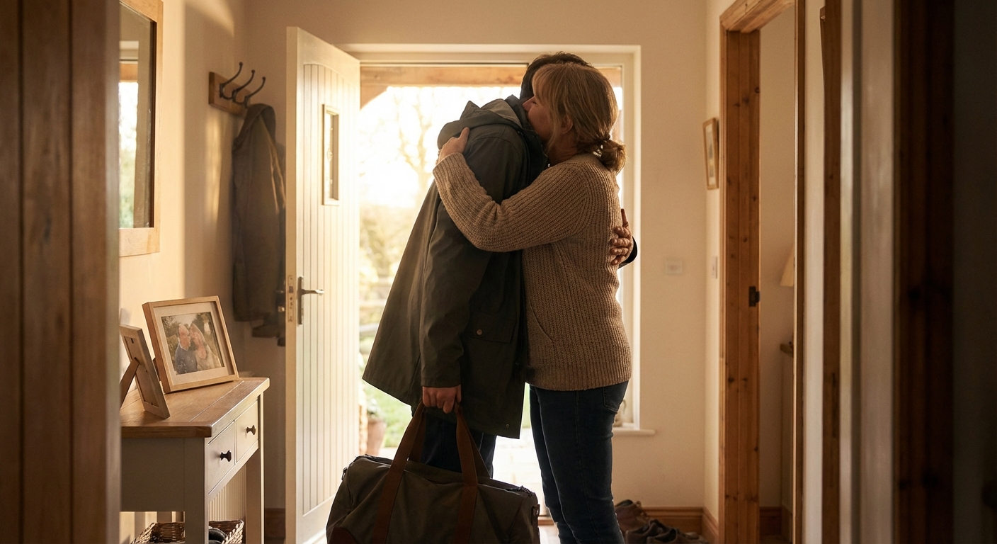 Couple reuniting warmly after time apart