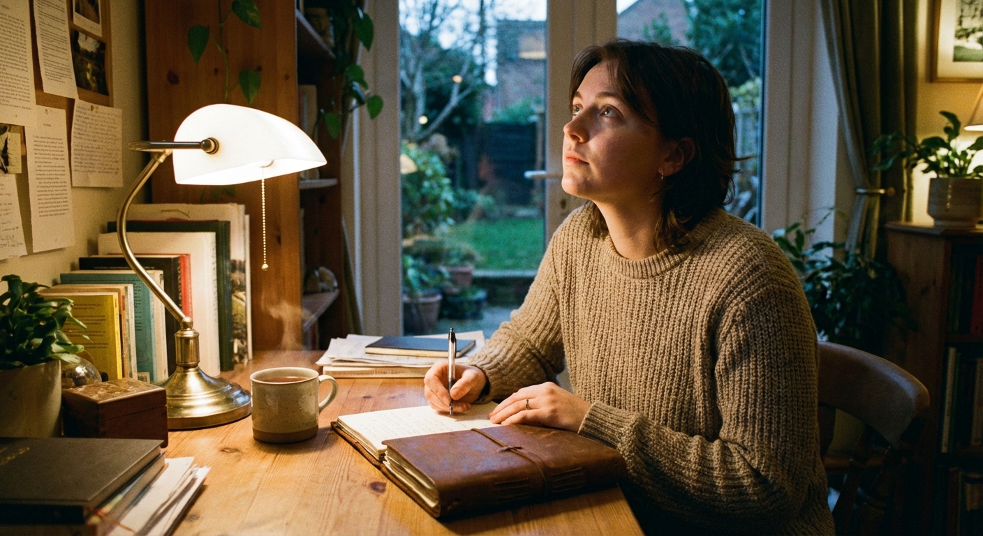 Person writing in journal at cozy home desk, exploring creative expression