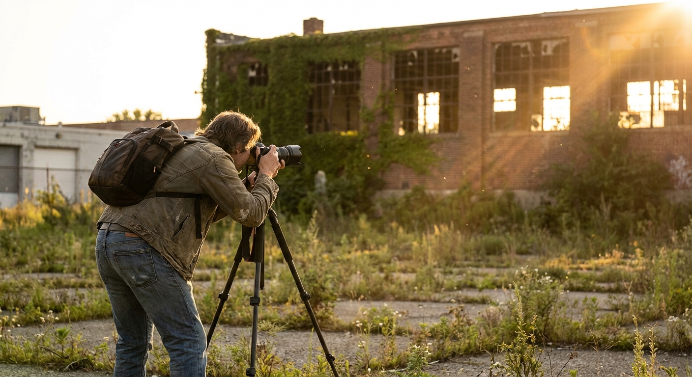 Person photographing abandoned building at golden hour, finding joy in creative exploration
