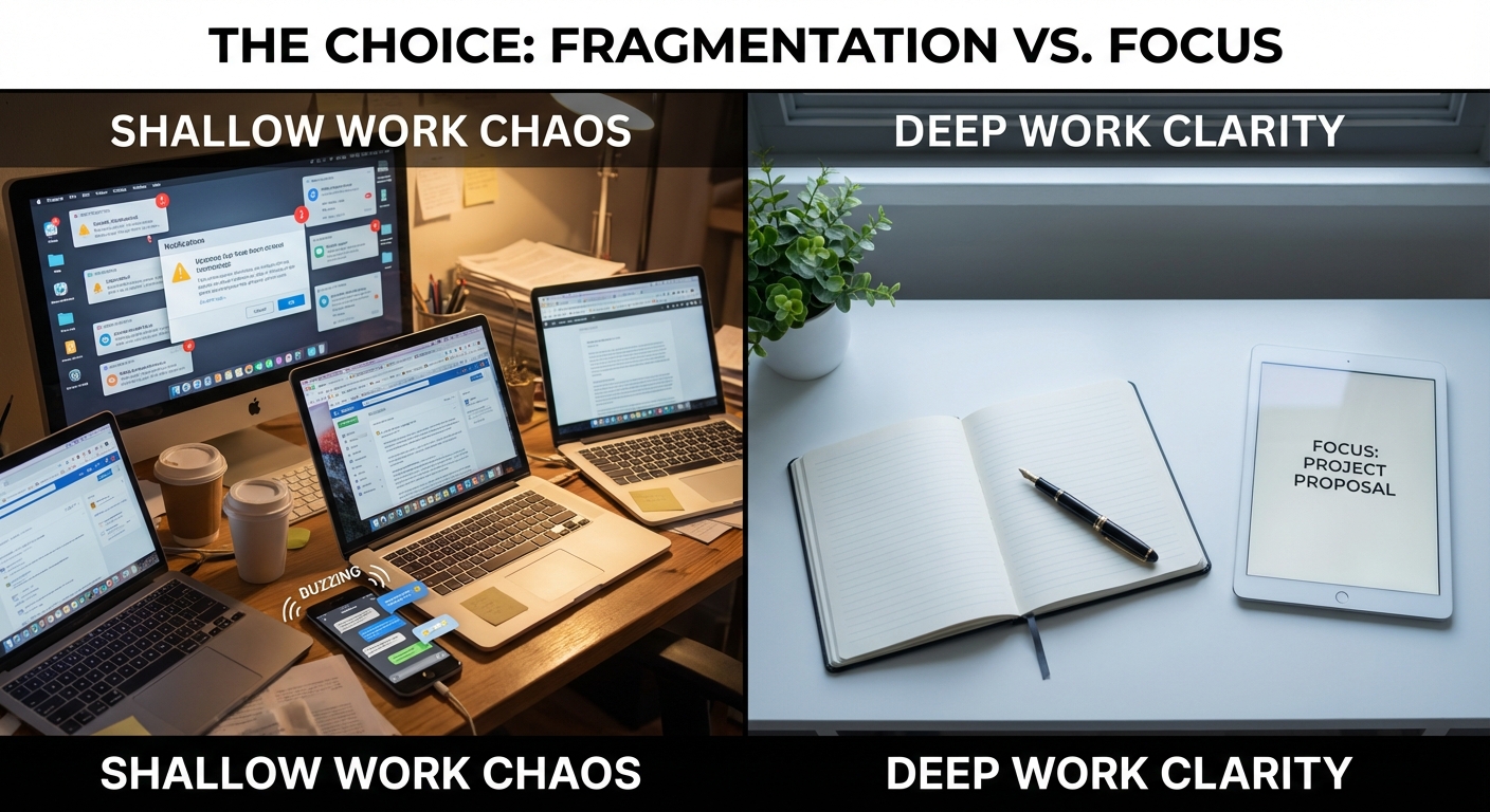 Contrast between fragmented shallow work and sustained deep focus