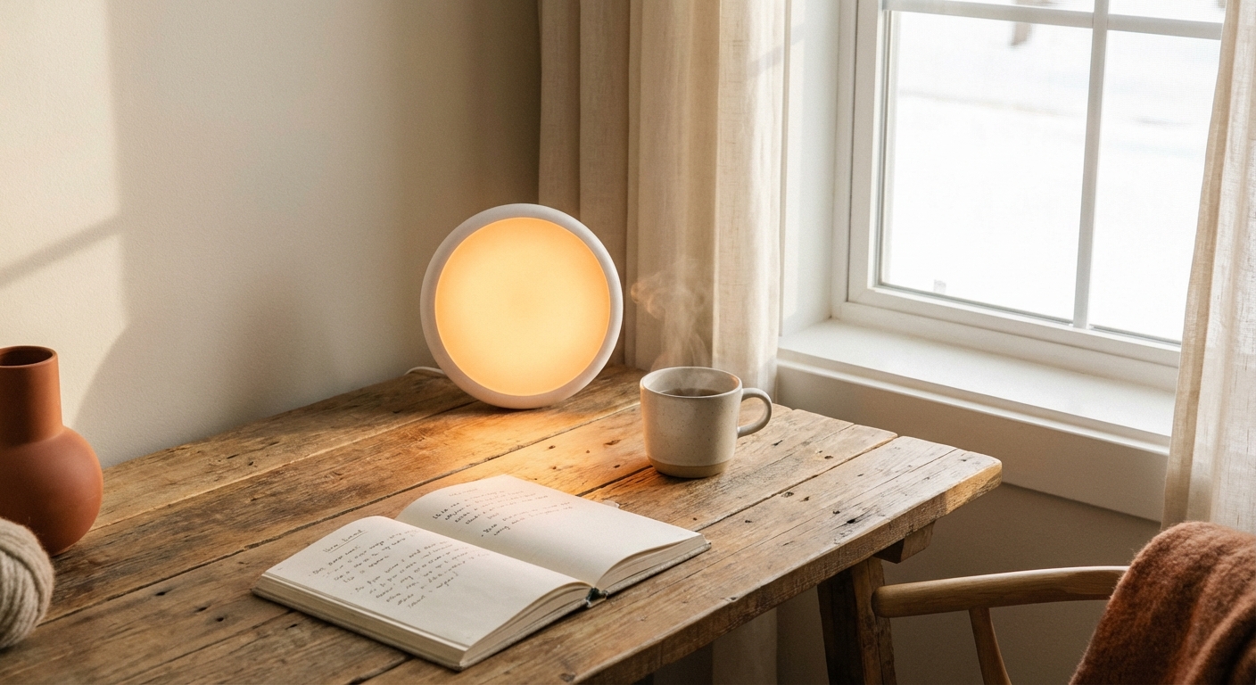 Morning light lamp on desk next to coffee and journal in cozy workspace