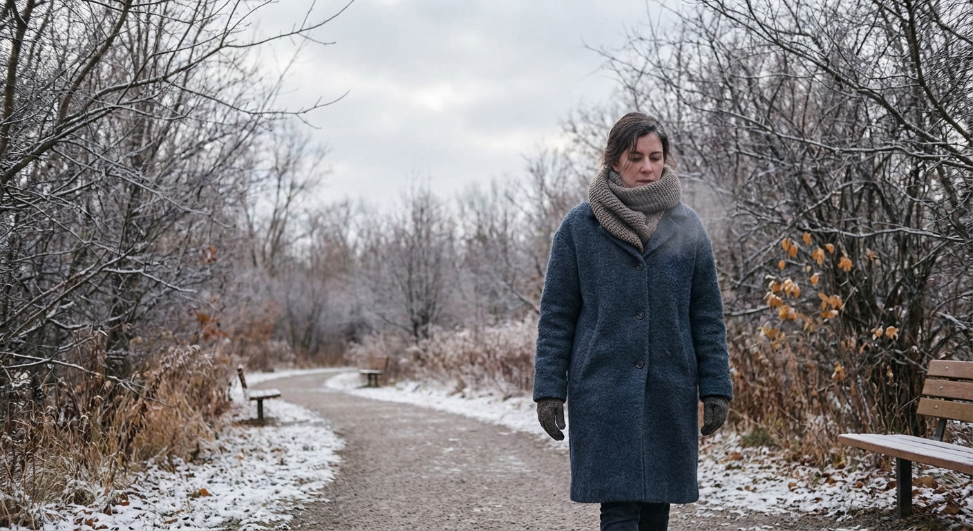 Person bundled up walking through winter park with bare trees and soft light