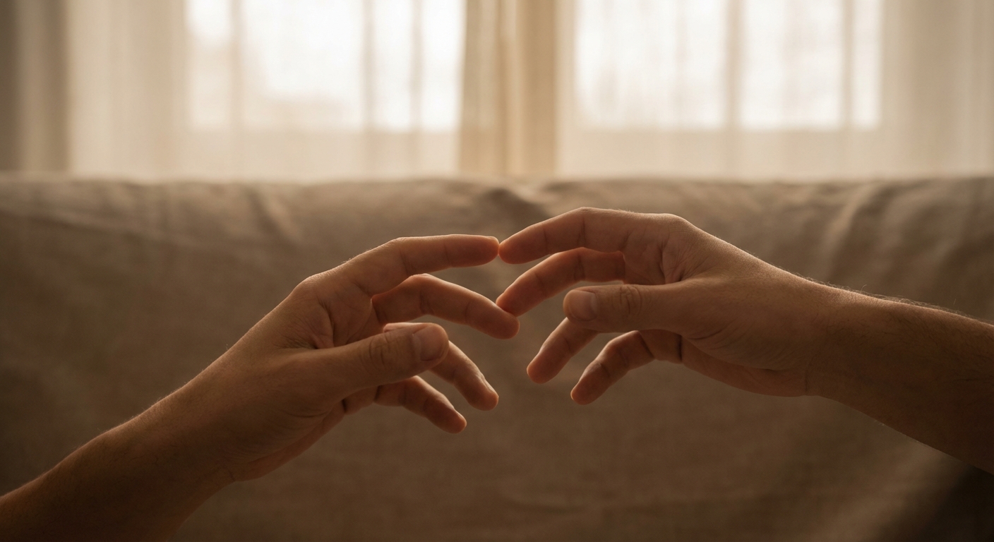 Hand reaching toward another hand, fingers almost touching, soft light
