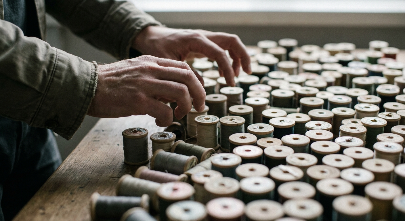 Person's hands choosing between multiple similar items on a table