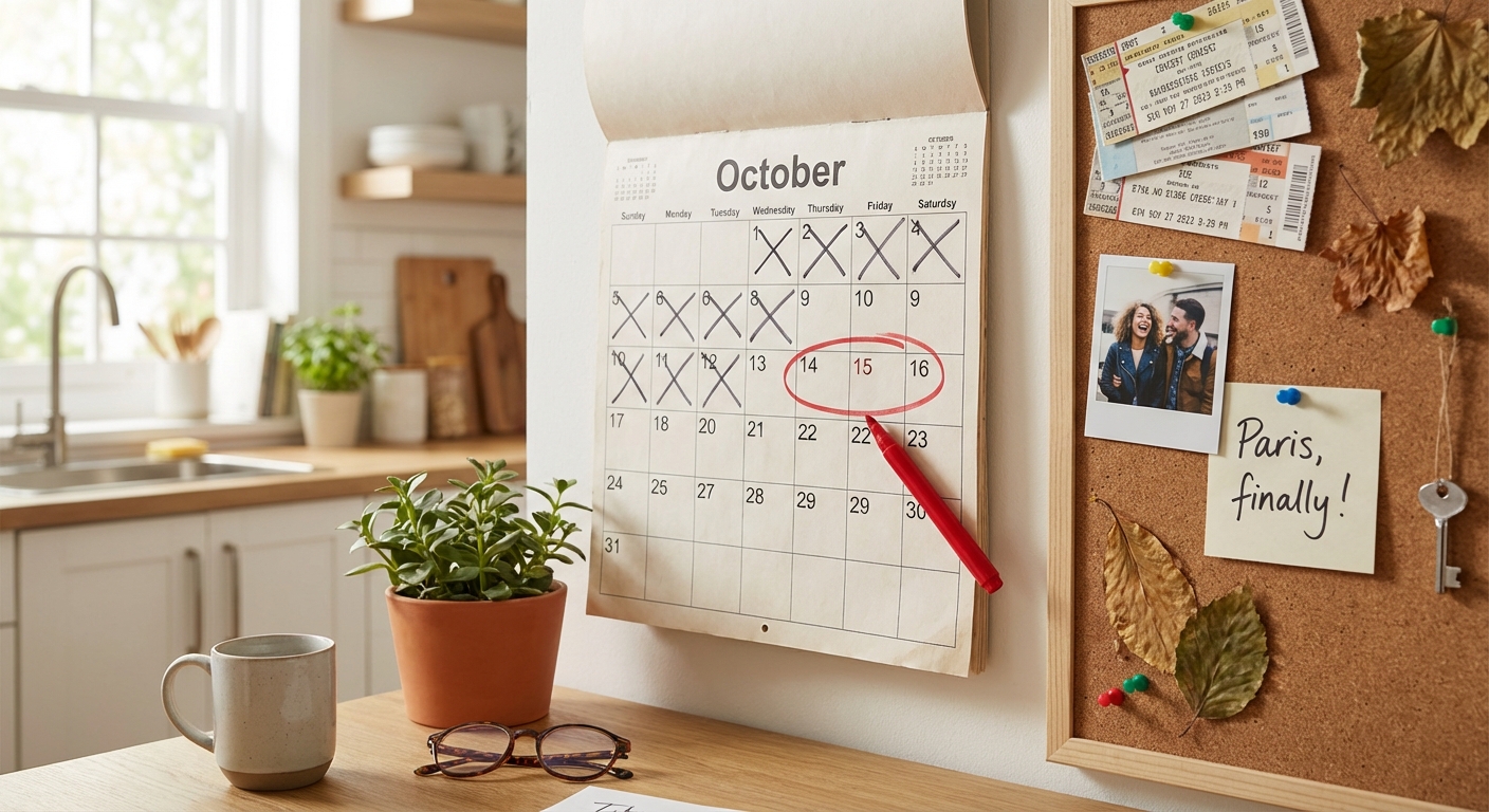 Calendar with dates circled and countdown, photos and tickets pinned nearby