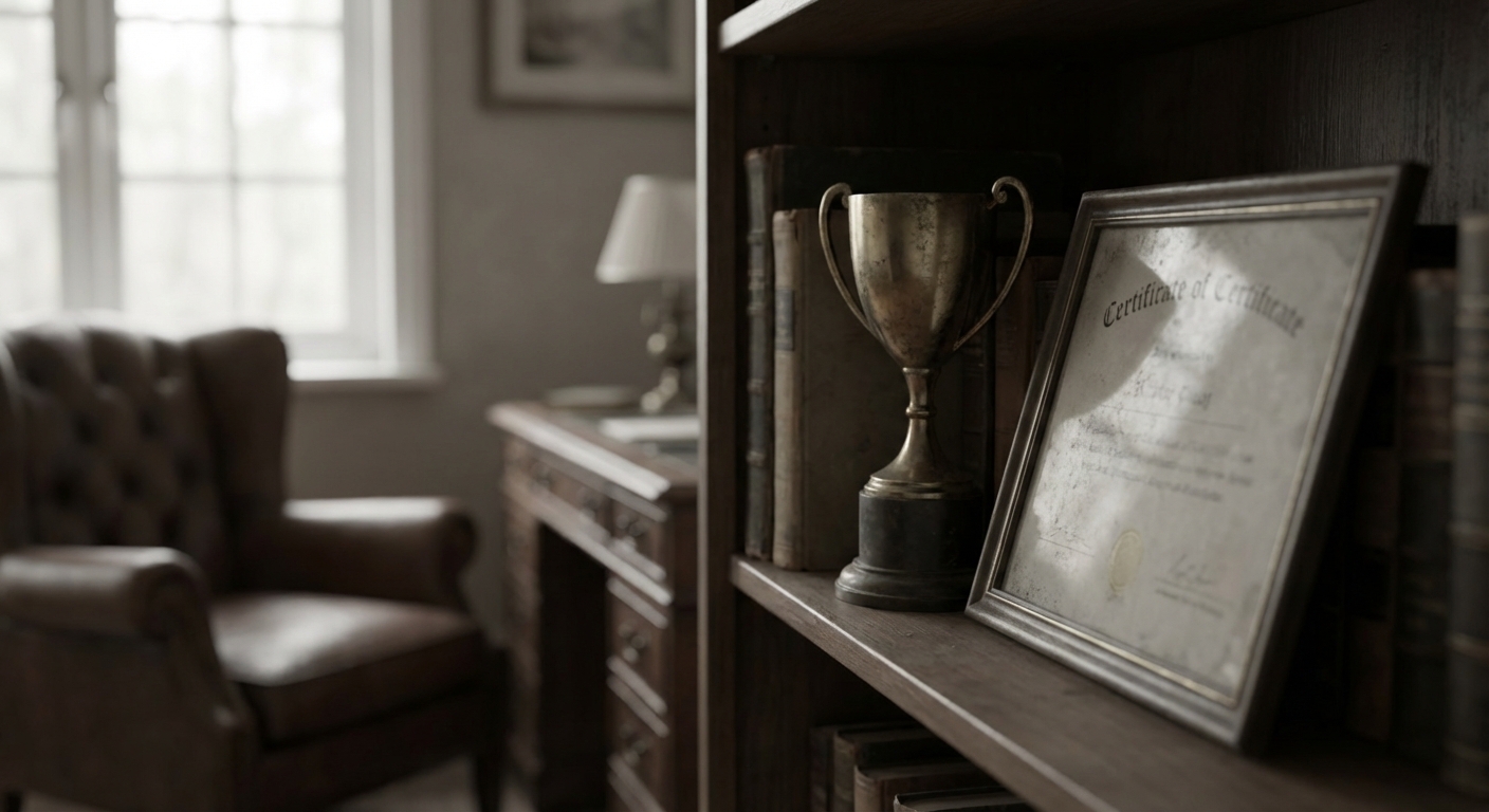 Award or trophy on shelf gathering dust, slightly out of focus