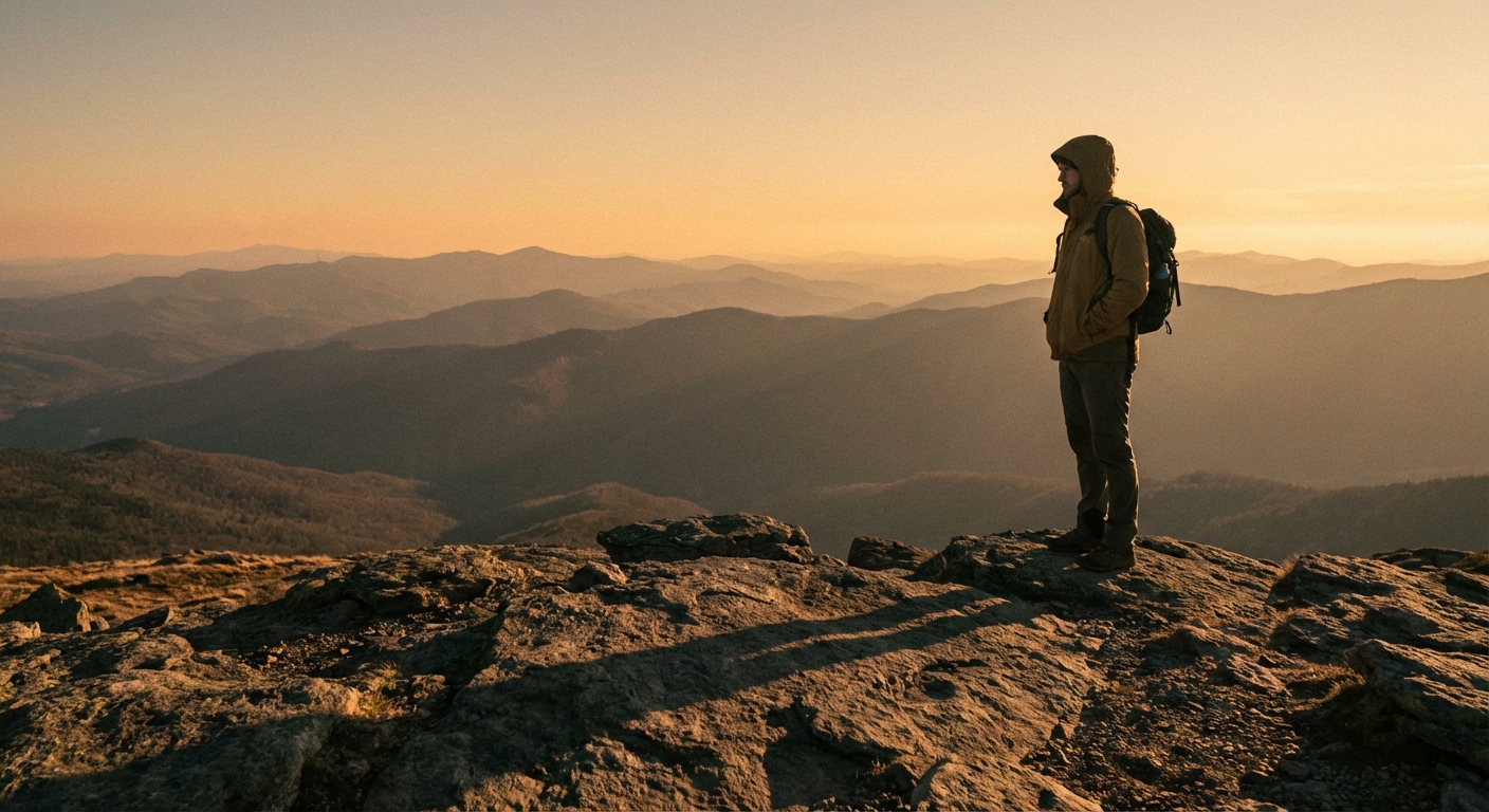 Person standing at summit looking at horizon, vast landscape beyond