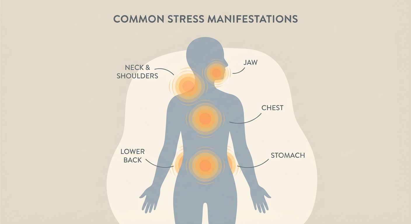 Diagram showing body outline with common stress areas highlighted: shoulders, jaw, stomach