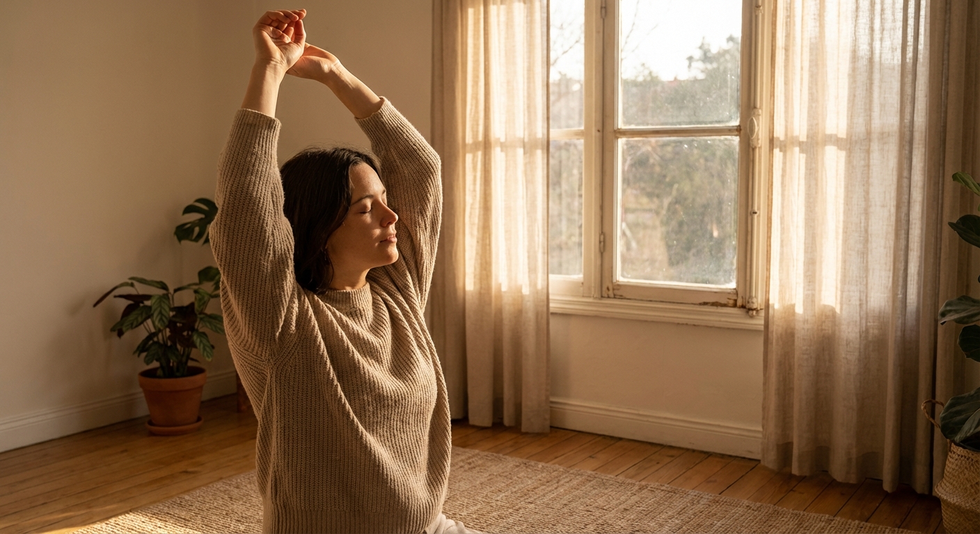 Person doing gentle stretch in quiet room, morning light through window