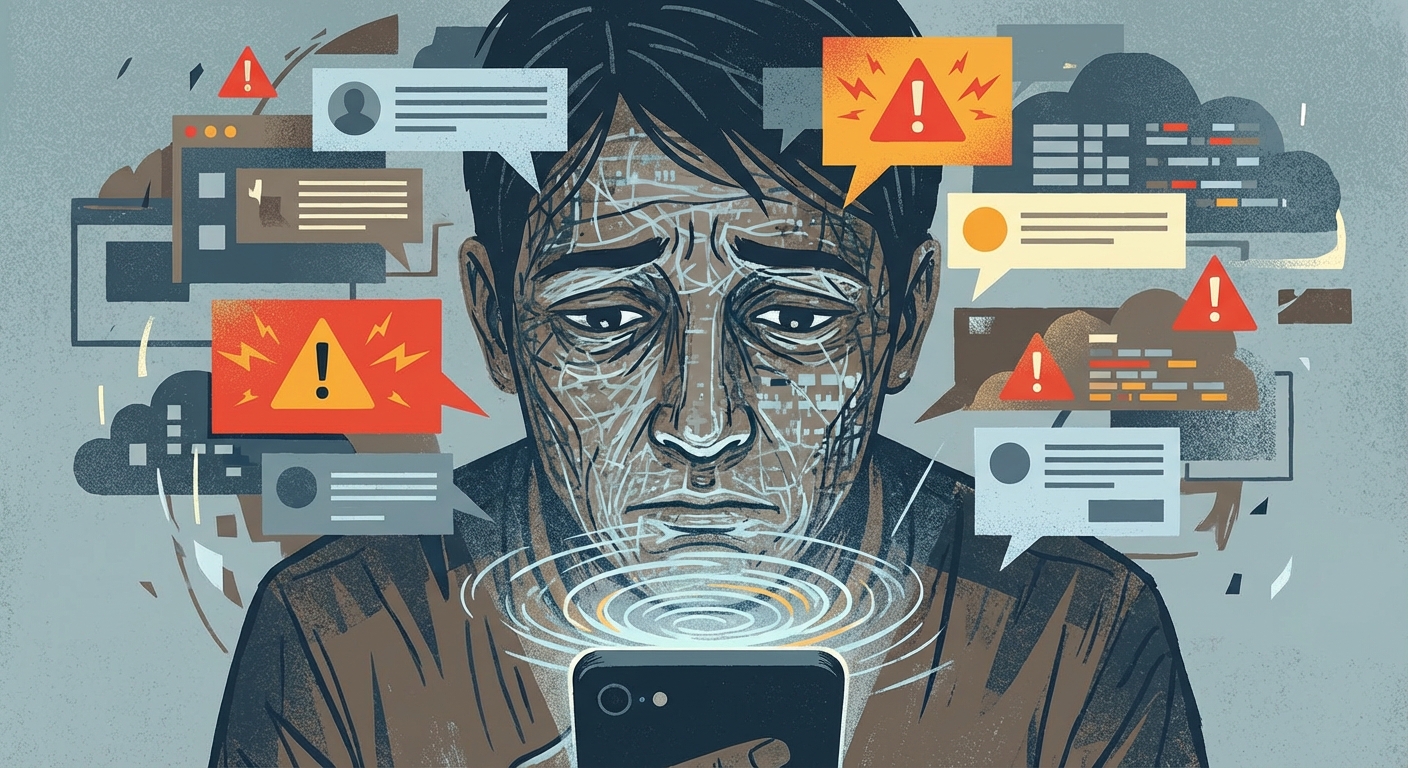 Multiple notification bubbles overlaid on anxious person checking phone